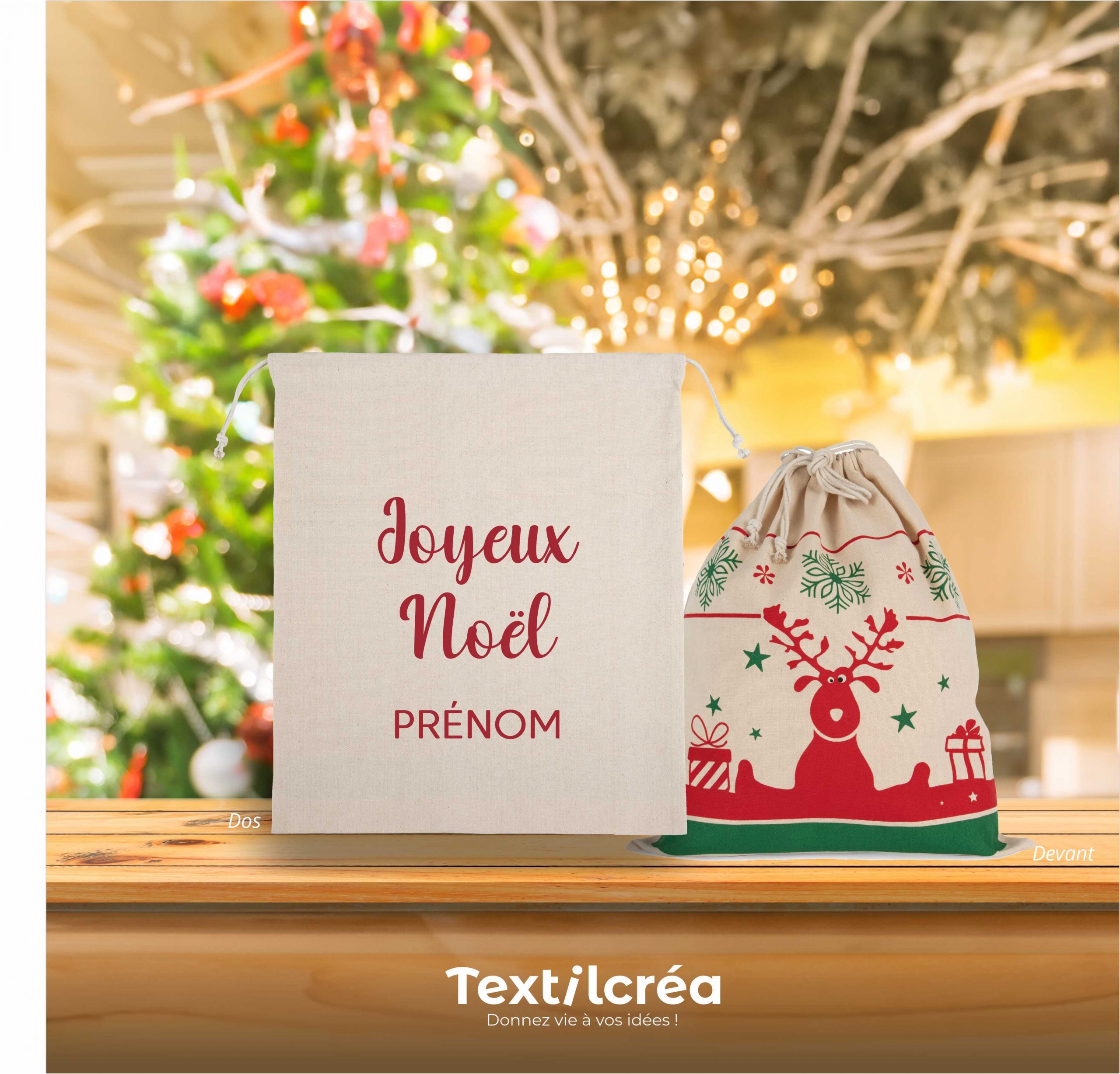 ToteBag nom Joyeux Noel cordelette